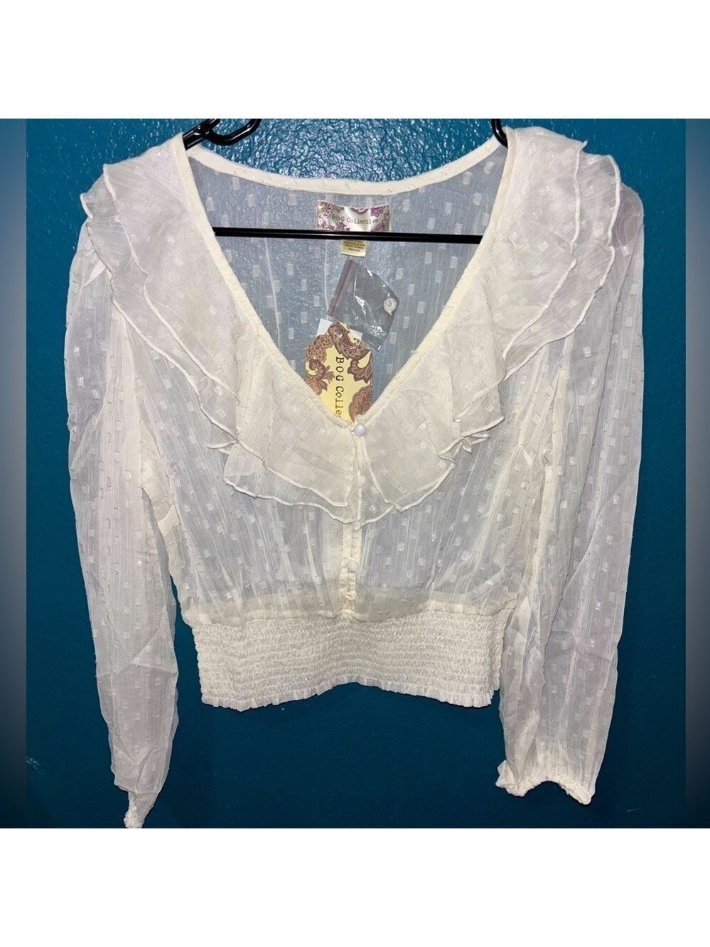NEW Band of Gypsies Sheer Cream Gold Metallic Romantic Boho Peplum Blouse size S